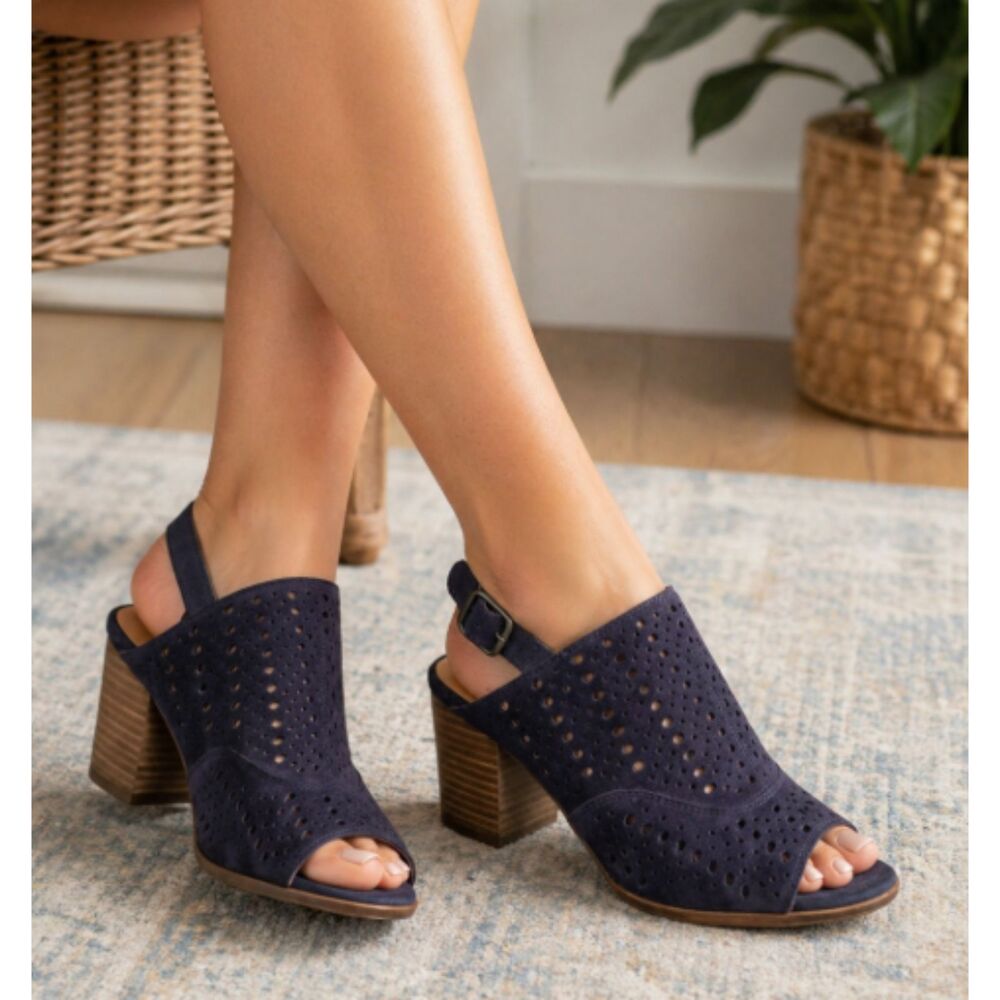 Lucky Brand Women’s Sz 6.5 Navy Laser Cut Slingback Open Toe Block Heel Sandals